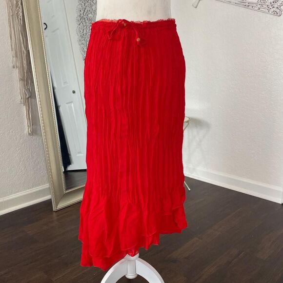 Romantic Goth Whimsigoth Asymmetric Frilly Red Layered Midi Skirt One Size - Picture 4 of 5